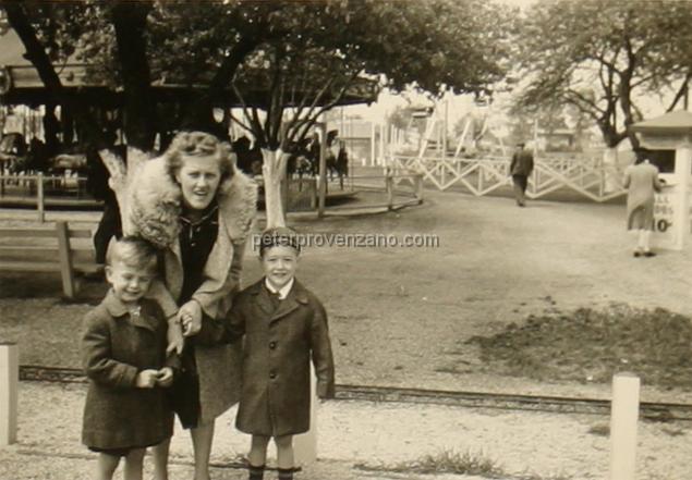 Peter Provenzano Photo Album Image_copy_147.jpg - Fay Provenzano with Dickie Gall (on left) and Ralph Schumann (on right) at Kiddieland Amusement Park.  8400 W. North Ave,
Melrose Park, IL - 1942.